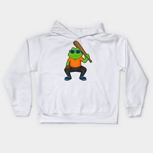 Frog at Baseball with Baseball bat & Sunglasses Kids Hoodie